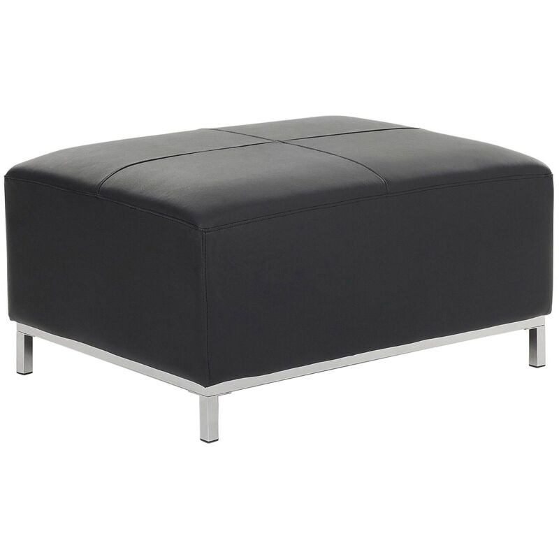 Pouf Ottoman en Cuir Véritable Noir et Acier Inox avec Rembourrage en Mousse Oslo
