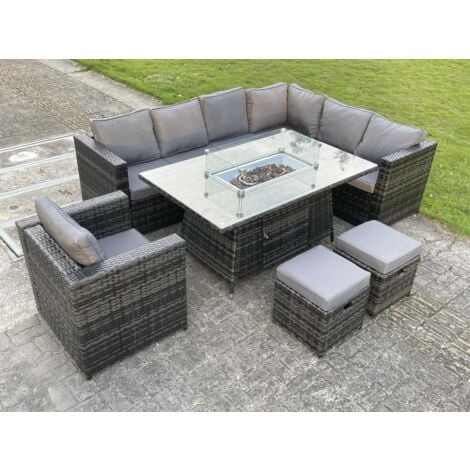 Oudoor Rattan Garden Right Corner Furniture Gas Fire Pit Table Sets Lounge Small Footstools Chair Dark Grey 9 seater