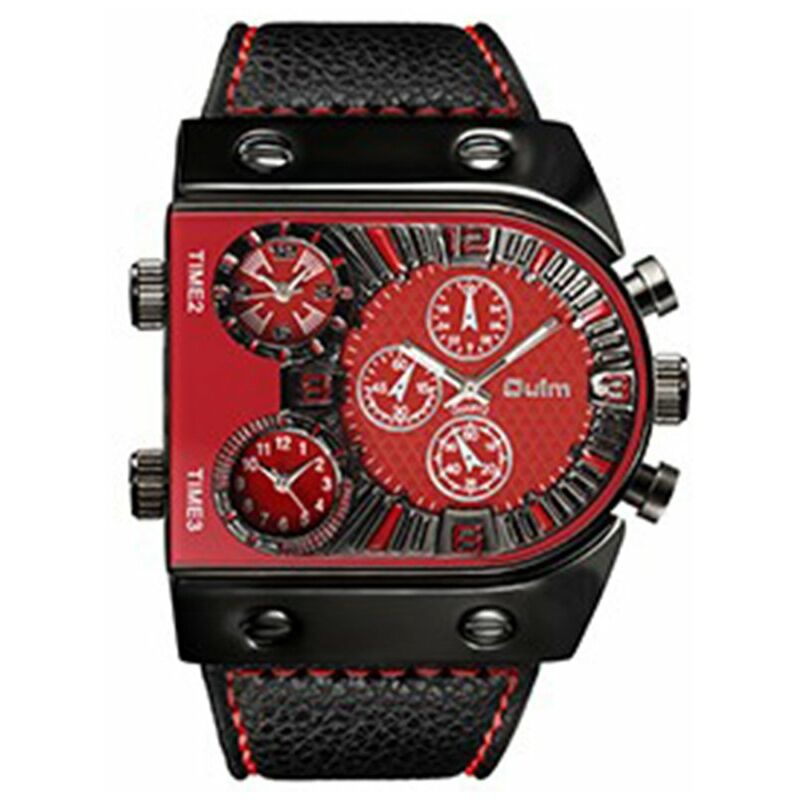 

Hombres Tres zonas horarias Reloj de cuarzo con banda de cuero Relojes de pulsera analogicos con esfera grande y fresca,rojo - Oulm