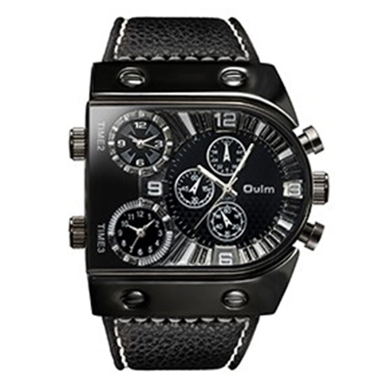 

Hombres Tres zonas horarias Reloj de cuarzo con banda de cuero Relojes de pulsera analogicos con esfera grande y fresca,Negro - Oulm