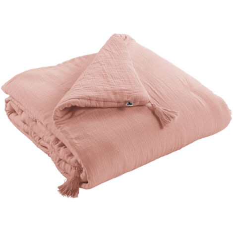 OUREA - Chemin de Lit 90x200cm Capitonné Gaze de Coton Rose Pêche