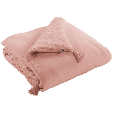 OUREA - Couvre-pied 150x150cm Capitonné Gaze de Coton Rose Pêche