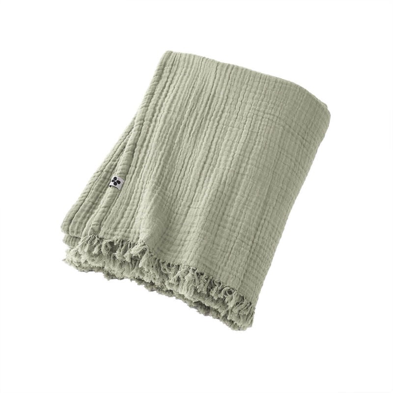 Ourea - Plaid à Franges 130x160cm 4 Epaisseurs Gaze de Coton Vert d'Eau