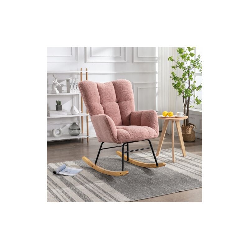 Rocking chair, fauteuil à bascule en peluche teddy, siège capitonné, charge jusqu'à 110 kg, pour salon, chambre à coucher, rose