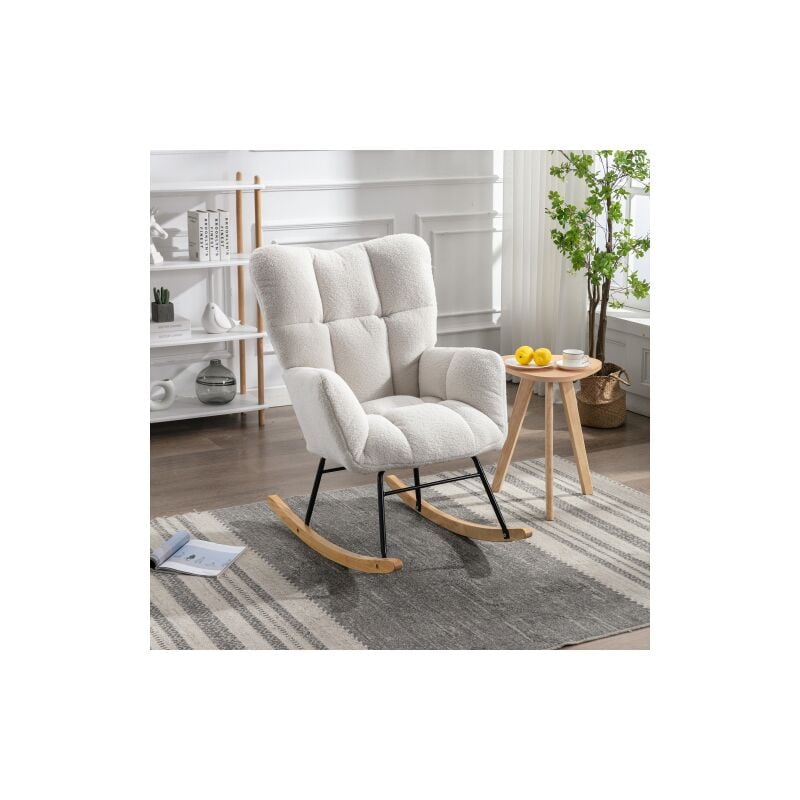 Wishdor - Rocking chair, fauteuil à bascule en peluche teddy, siège capitonné, charge jusqu'à 110 kg, pour salon, chambre à coucher, blanc