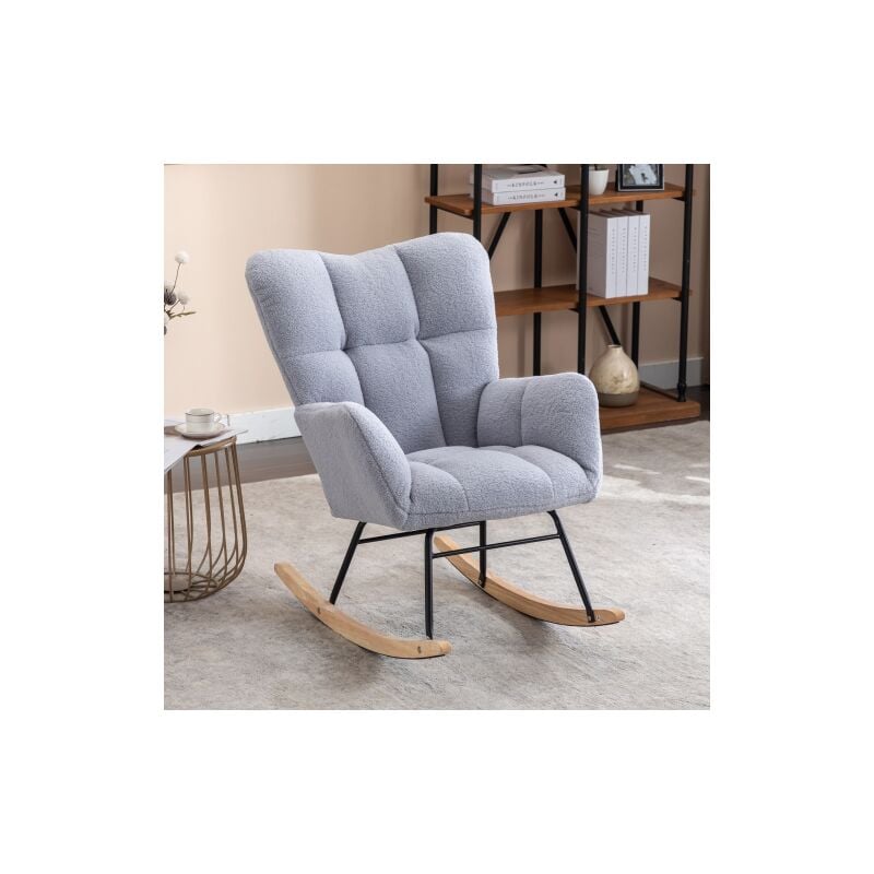 Wishdor - Rocking chair, fauteuil à bascule en peluche teddy, siège capitonné, charge jusqu'à 110 kg, pour salon, chambre à coucher, gris clair