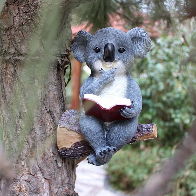 Ours Solaire Lisant un Livre Statue de Jardin, Koala Ours Solaire Led Lumières - Suspendus Mignon Drôle Animal Résine Simulation Sculpture Paysage