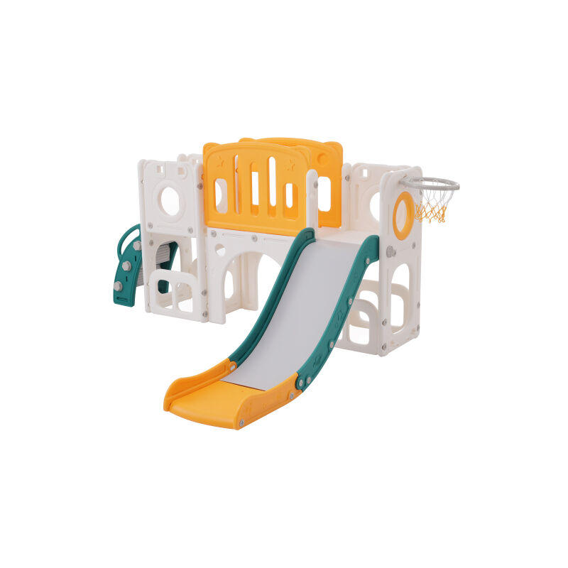 Oursons Enfants Toboggan 6 en 1 avec un toboggan, deux plates-formes, deux compartiments de rangement au sol, un panier de basket et des escaliers