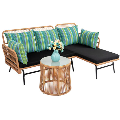 Outdoor 3 Piece Sectional Set Patio rattan Furniture, Rope Woven L-Shaped Conversation Sofa Set Garden, Porch w/Thick Cushions, Detachable Lounger, Side Table