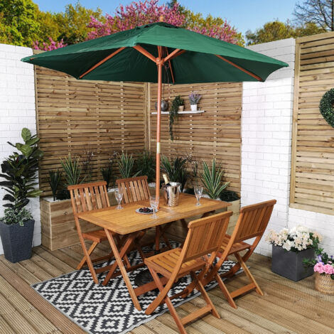Outdoor 4 Person Folding Rectangular Wooden Garden Patio Dining Table Chairs Parasol and Base Set