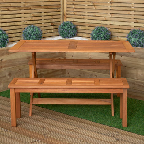 Outdoor 4 Person Rectangular Wooden Garden Dining Table with 2 Benches