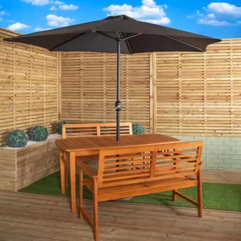 Outdoor 4 Person Rectangular Wooden Garden Table, 2 Benches with Black Havana Parasol & Base