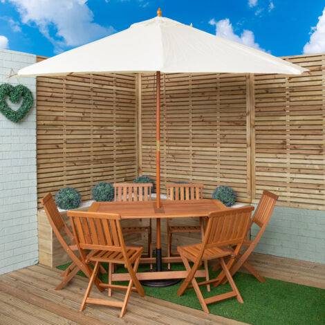 Outdoor 6 Person Folding Rectangular Wooden Garden Dining Table Chairs Cream Parasol and Base set