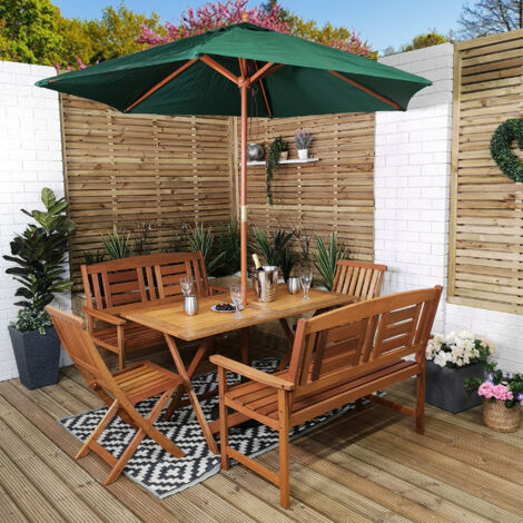 Outdoor 6 Person Folding Rectangular Wooden Garden Patio Dining Table Chairs and 2 Benches Parasol and Base set