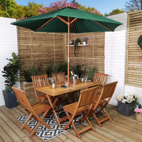 Outdoor 6 Person Folding Rectangular Wooden Garden Patio Dining Table Chairs Parasol and Base set