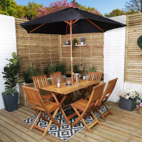 Outdoor 6 Person Folding Rectangular Wooden Garden Patio Dining Table Chairs Parasol and Base set