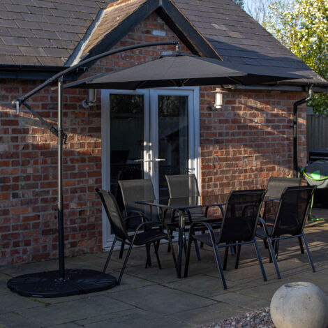 Outdoor 6 Person Rectangular Glass Top Garden Dining Table Chairs With Black Banana Parasol and Base