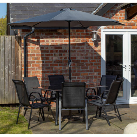 Outdoor 6 Person Rectangular Glass Top Garden Dining Table Chairs With Grey Parasol and Base Set