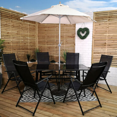 Outdoor 6 Person Rectangular Glass Top Garden Patio Dining Table Chairs With Cream Parasol and Base Set
