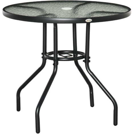 Outdoor φ80cm Round Dining Table Tempered Glass Top Steel Frame Bistro Coffee End Side Table Garden w/ Parasol Hole