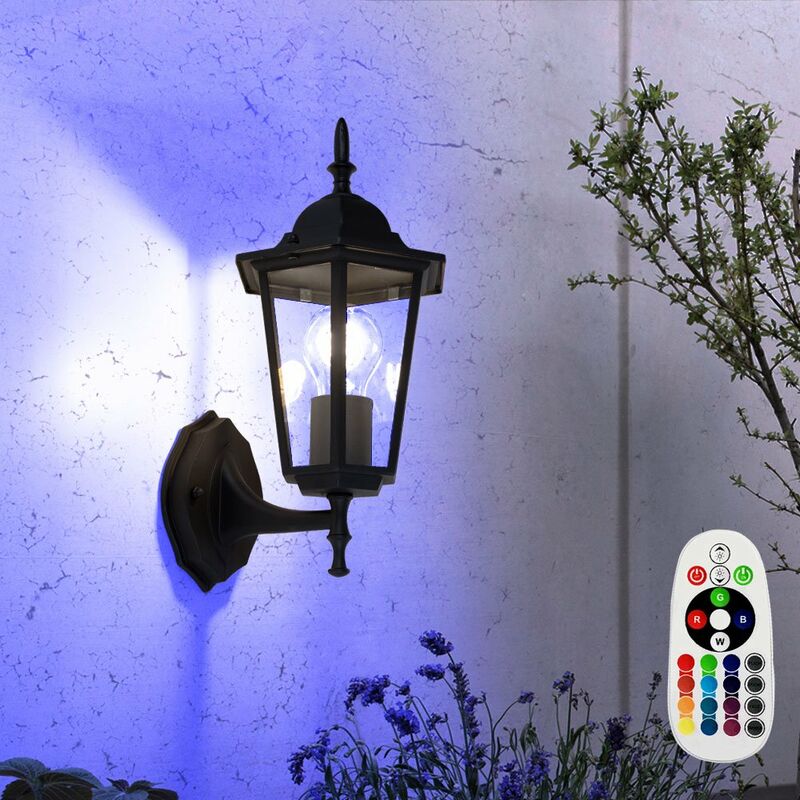 Image of Applique da esterno dimmerabile con telecomando lanterna antica luce porta d'ingresso lampada da giardino a led nero, cambia colore rgb alluminio