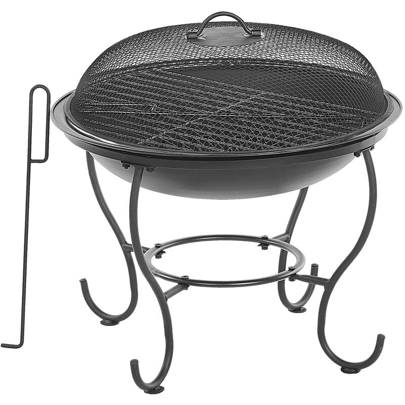 Outdoor Charcoal Fire Pit Black Steel with Lid Metal Bowl Shape Round Negara