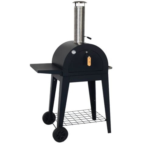 Outdoor charcoal pizza oven, black - Giulia - cooking stone, castor, peel and cover, W70xD63xH122cm
