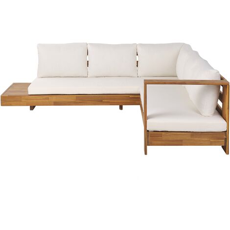 main image of "Outdoor Corner Lounge Set Sofa Side Table Acacia Wood Off-White Cushions Marettimo"