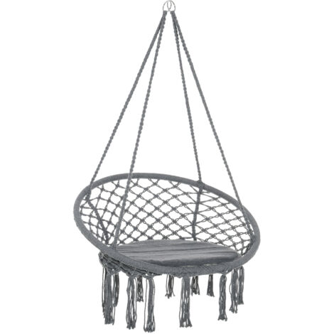 Outdoor Cotton-Polyester Blend Macrame Hanging Rope Chair with Cushion, Portable Garden Chair with Fringe Tassels for Patio, Deck, Tree, Grey
