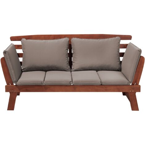 Outdoor Dark Wood Bench Eucalyptus Wood Reclining Armrests Taupe Cushions Portici