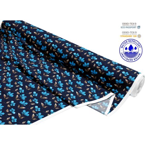 OUTDOOR DEKOSTOFFE OXFORD - Motiv blaue Blüten mit goldenen Blättern I DR211