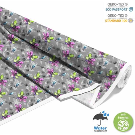 OUTDOOR DEKOSTOFFE OXFORD - Motiv Blumen auf grauem