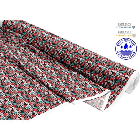 OUTDOOR DEKOSTOFFE OXFORD - Motiv Blumen auf schwarz-weißen Streifen I DR126