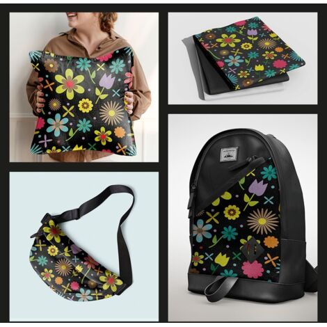 OUTDOOR DEKOSTOFFE OXFORD - Motiv bunte Blumen auf schwarzem