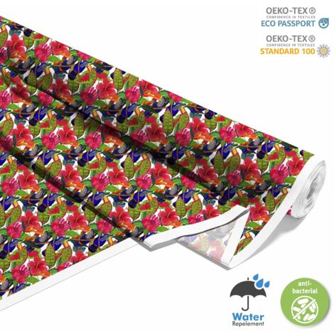 OUTDOOR DEKOSTOFFE OXFORD - Motiv gemalte Blumen und Tukane