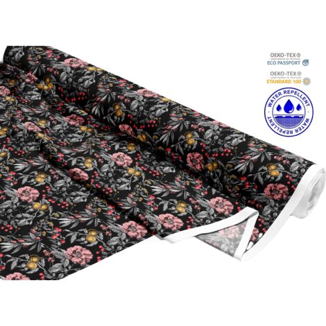 OUTDOOR DEKOSTOFFE OXFORD - Motiv Herbstblumen auf schwarzem I DR257