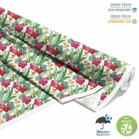 OUTDOOR DEKOSTOFFE OXFORD - Motiv Hibiskus auf Bananenblättern I DX304