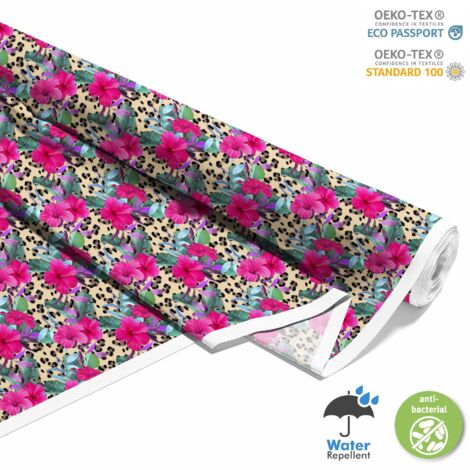 OUTDOOR DEKOSTOFFE OXFORD - Motiv Hibiskus auf Leopard