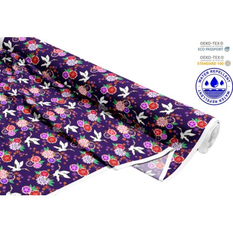 OUTDOOR DEKOSTOFFE OXFORD - Motiv Kranich und Blumen I DR065