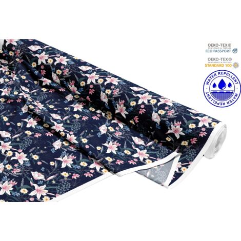 OUTDOOR DEKOSTOFFE OXFORD - Motiv Lilien auf marineblauem I DR062