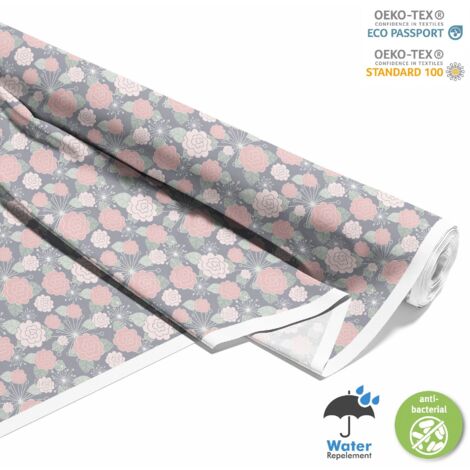 OUTDOOR DEKOSTOFFE OXFORD - Motiv rosa Blüten auf grauem Hintergrund