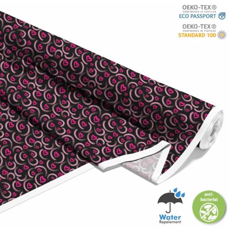 OUTDOOR DEKOSTOFFE OXFORD - Motiv rosa Herzen auf schwarzem