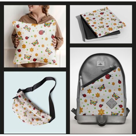OUTDOOR DEKOSTOFFE OXFORD - Motiv Schmetterlinge und Marienkäfer auf weißem