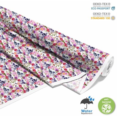 OUTDOOR DEKOSTOFFE OXFORD - Motiv Totenköpfe mit Blumen 3 I DX446