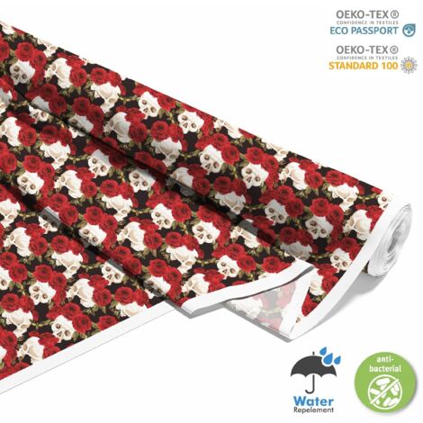 OUTDOOR DEKOSTOFFE OXFORD - Motiv Totenköpfe und Rosen I DX532