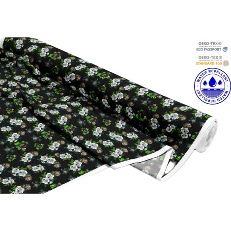 OUTDOOR DEKOSTOFFE OXFORD - Motiv weiße Rosen auf schwarzem Hintergrund I DR112