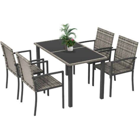 Outdoor Dining Set 5 Pieces Patio Conservatory with Tempered Glass Tabletop,4 Dining Chairs - Mixed Grey