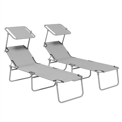 Outdoor Foldable Sun Lounger Set of 2, 4 Level Adjustable Backrest Reclining Sun Lounger Chair with Angle Adjust Sun Shade Awning