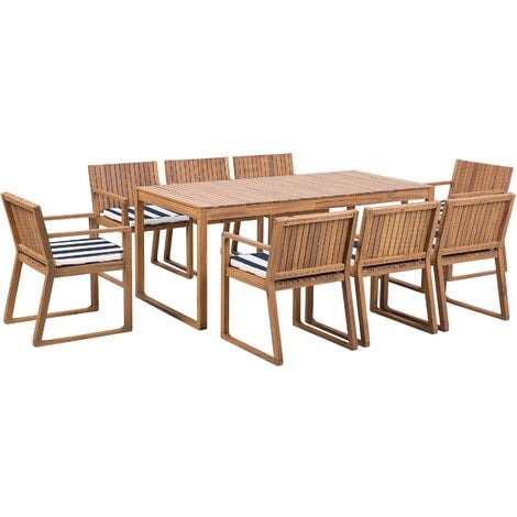 Outdoor Garden Acacia Wood Dining Set Table 8 Chairs Blue and White Cushions Sassari