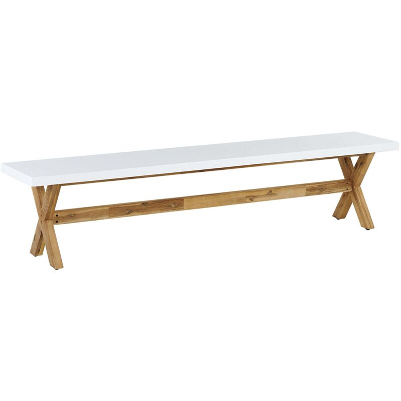 Beliani - Outdoor Garden Bench Fibre Concrete Top Wooden Legs 3people Capacity White Olbia